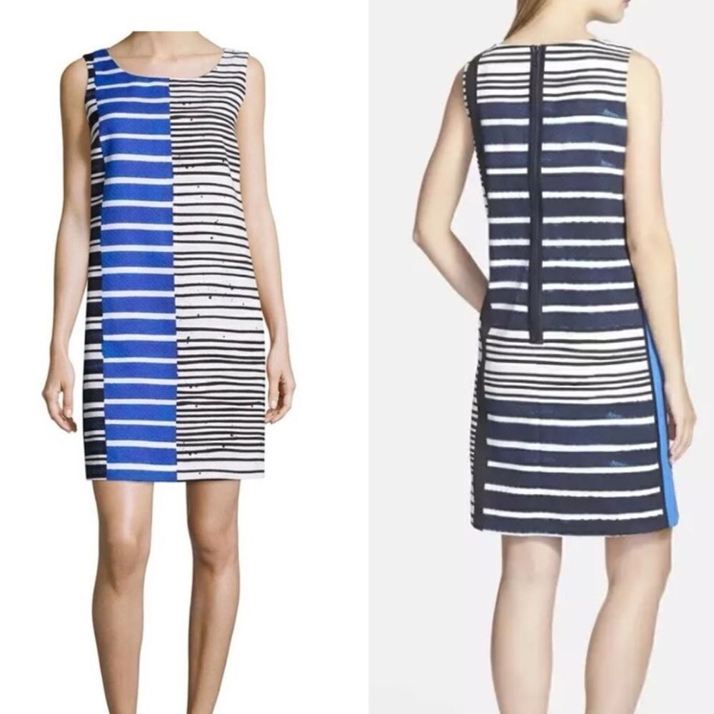NWT LAFAYETTE 148 New York Blue Striped Drita Textured Cotton Shift Dress 18W